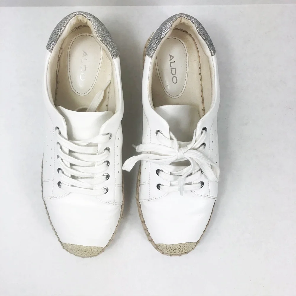 Aldo Espadrille Jute Lace Up Sneaker | White Silver | Size 10 - Picture 5 of 9